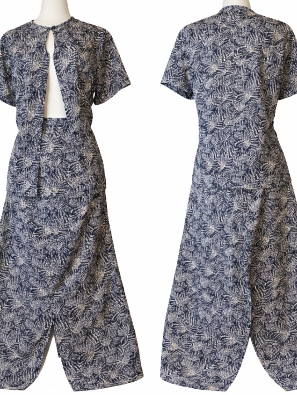 Vintage Talbots blue plant print two-piece skirt set- 14 Petite